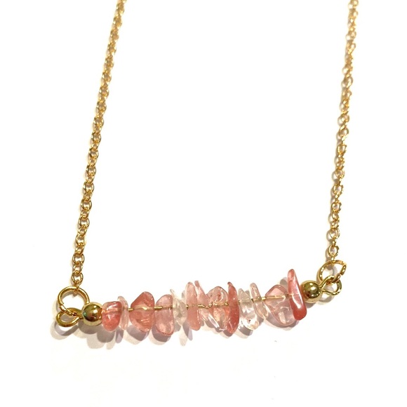 Crystal Necklace Gold Tone Semi Precious Stones Strawberry Quartz - Picture 2 of 4